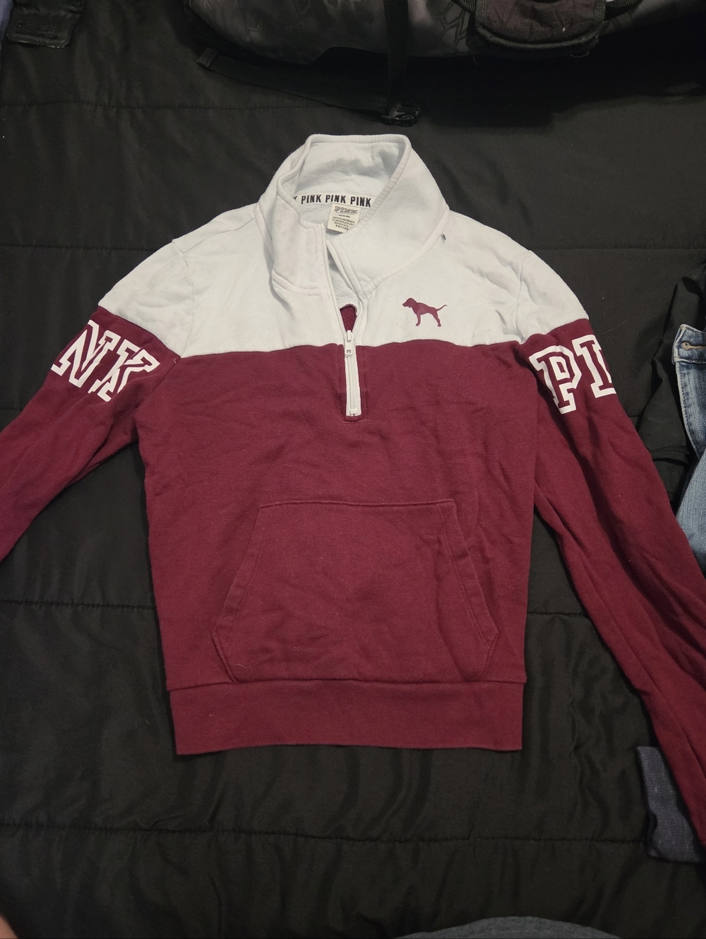 PINK Victoria's Secret Maroon and Light Gray Quarter-Zip Pullover